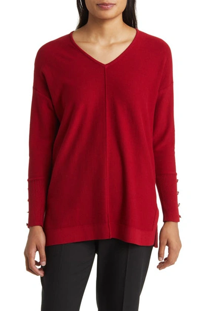 Shop Anne Klein Button Cuff V-neck Sweater In Titian Red