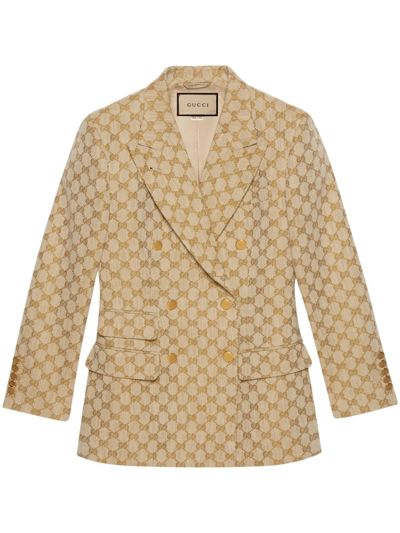 Shop Gucci Gg-jacquard Cotton-linen Blazer In Yellow
