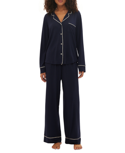 Shop Gap Body Women's 2-pc. Notched-collar Long-sleeve Pajamas Set In Navy Uniform