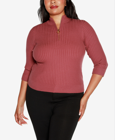 Shop Belldini Black Label Plus Size Ribbed Quarter Zip Sweater In Marsala Rose