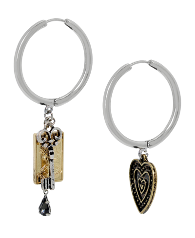 Shop Steve Madden Faux Stone Heart Key Charm Hoop Earrings In Two-tone