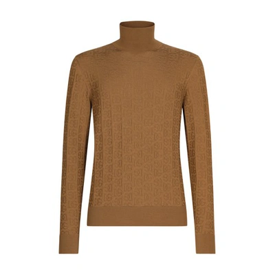 Shop Dolce & Gabbana High Neck Silk Jacquard Sweater With Logo In Dark_camel