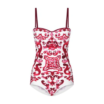 Shop Dolce & Gabbana Balconette One-piece Swimsuit With Majolica Print In Tris_maioliche_fuxia