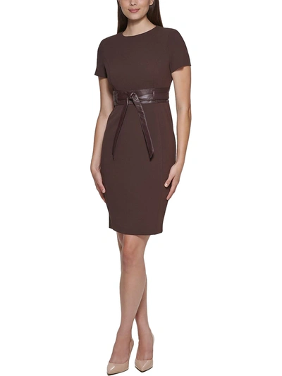 Shop Calvin Klein Petites Womens Faux Leather Trim Above Knee Sheath Dress In Black