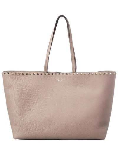 Shop Valentino Rockstud Large Grainy Leather Shopper Tote In Beige
