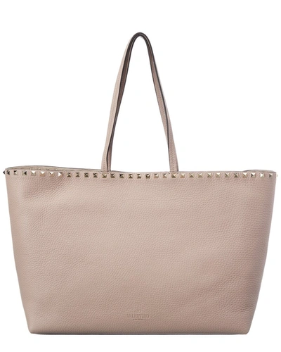 Shop Valentino Rockstud Large Grainy Leather Shopper Tote In Beige