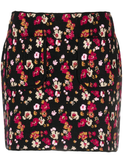 Shop Barrie Floral-print Cashmere Miniskirt In Black
