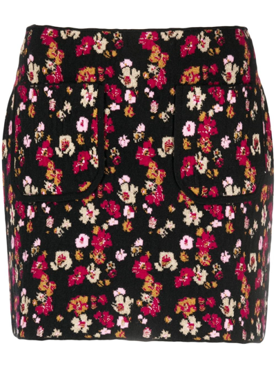 Barrie Floral-print Cashmere Miniskirt In Black