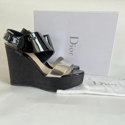 Pre-owned Dior Christian  Silve And Black Wedge Sandals, 41.5