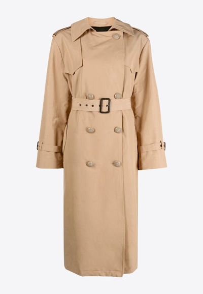 Shop Msgm Double-breasted Logo-embroidered Trench Coat In Beige