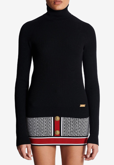 Shop Balmain Fine Knit Turtleneck Sweater In Black