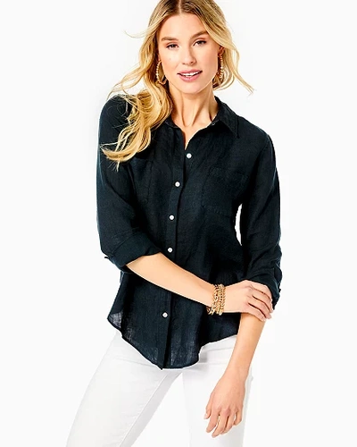 Shop Lilly Pulitzer Sea View Linen Button Down Top In Onyx X Onyx