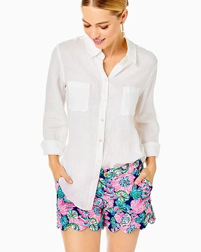 Shop Lilly Pulitzer Sea View Linen Button Down Top In Resort White