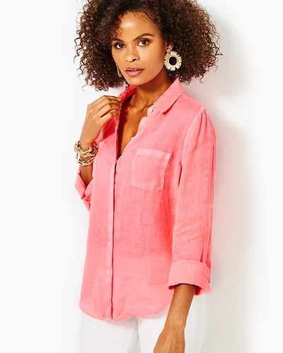 Shop Lilly Pulitzer Sea View Linen Button Down Top In Sunrise Coral