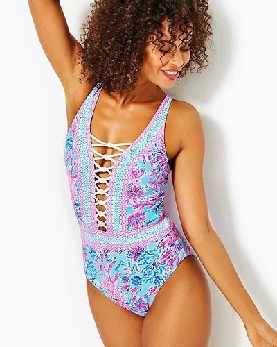 Shop Lilly Pulitzer Caseylee Lattice One-piece Swimsuit In Celestial Blue Seek And Sea Engineered One Piece