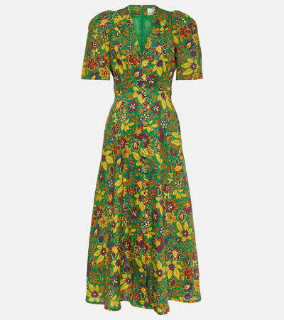 Shop Alemais Alémais Isabella V Floral Linen Midi Dress In Green