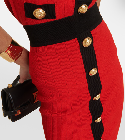 Balmain Red Knitted Midi Skirt With Buttons In Black
