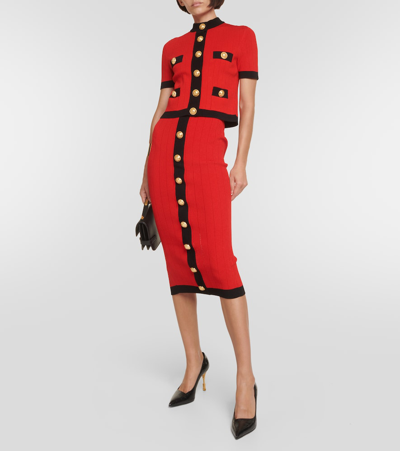 Balmain Red Knitted Midi Skirt With Buttons In Black