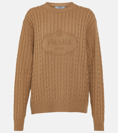 Prada Logo Cashmere Sweater In Brown