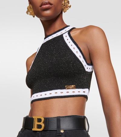 Shop Balmain Halterneck Wool-blend Crop Top In Black