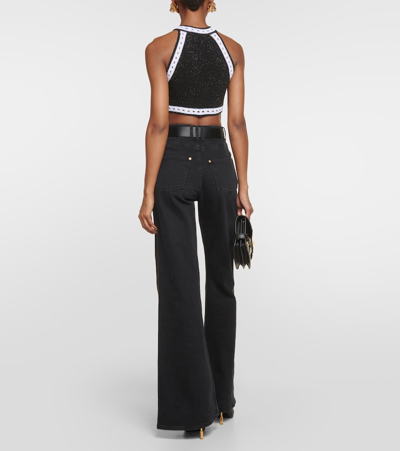 Shop Balmain Halterneck Wool-blend Crop Top In Black