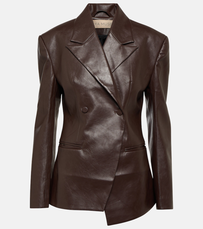 Shop Aya Muse Mille Double-breasted Faux Leather Blazer In Brown