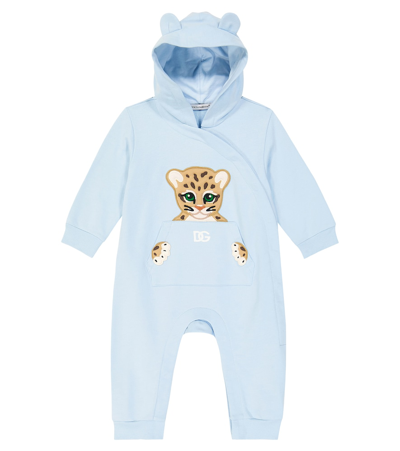 Shop Dolce & Gabbana Baby Embroidered Cotton Jersey Romper In Blue