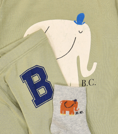 Bobo Choses Baby The Elephant Cotton-blend Bodysuit, Leggings, And Socks Set In Green