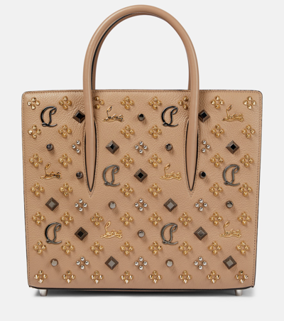 Shop Christian Louboutin Paloma Medium Embellished Leather Tote Bag In Beige