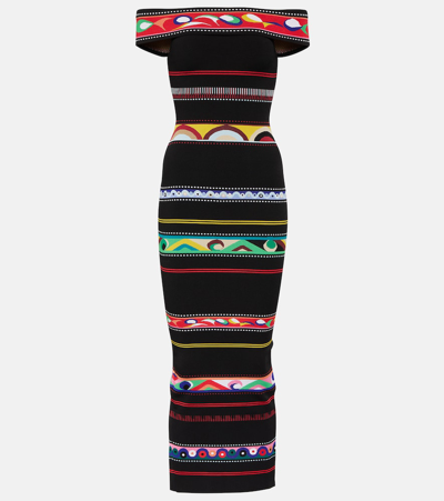 Shop Pucci Striped Off-shoulder Midi Dress In Multicoloured