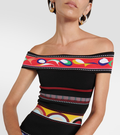 Shop Pucci Striped Off-shoulder Midi Dress In Multicoloured