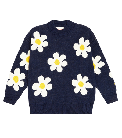 Bobo Choses Blue Sweater For Girl With Daisy Embroidery In Blue