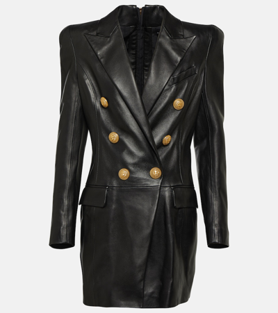 Shop Balmain Leather Blazer Minidress In Black