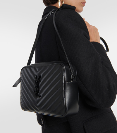 Saint Laurent Lou Medium Quilted Patent Leather Camera Bag In Black