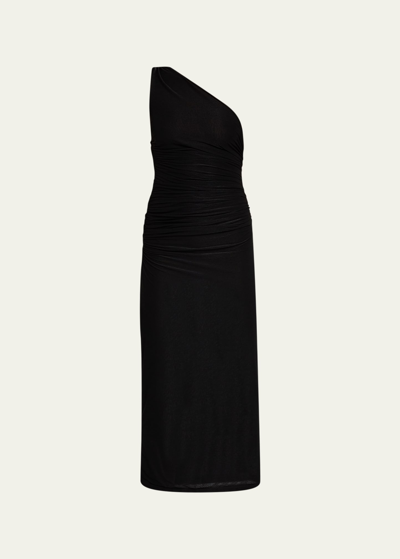 Shop Jason Wu Ruched One-shoulder Sheath Midi Dress In Black