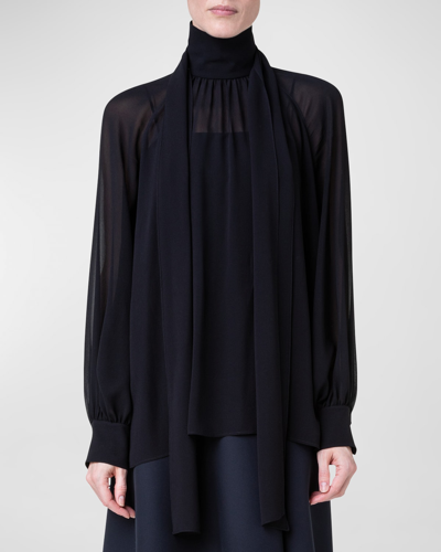Shop Akris Silk Georgette Tie Neck Blouse In Black