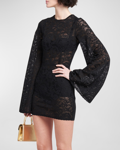 Shop Dolce & Gabbana Lace Bell-sleeve Mini Dress In Black