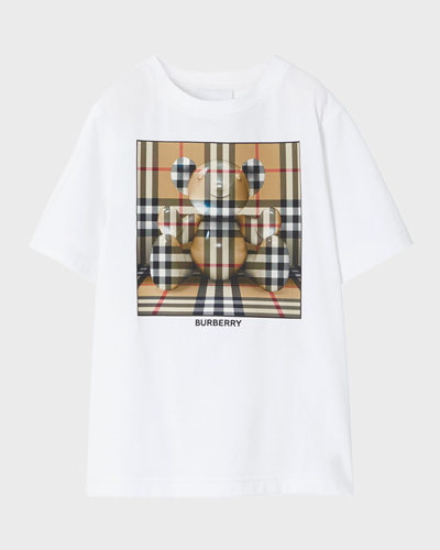 Shop Burberry Kid's Check-print Graphic Bear T-shirt In Whitearch Beige
