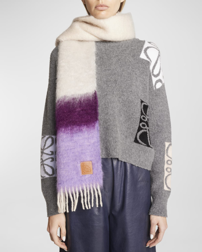 Shop Loewe Color-block Stripe Wool & Mohair Scarf In Purple Multicolor