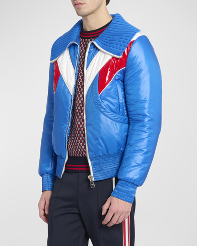Shop Balmain Men's Multi-cut Retro Nylon Puffer Jacket In Blue Multi