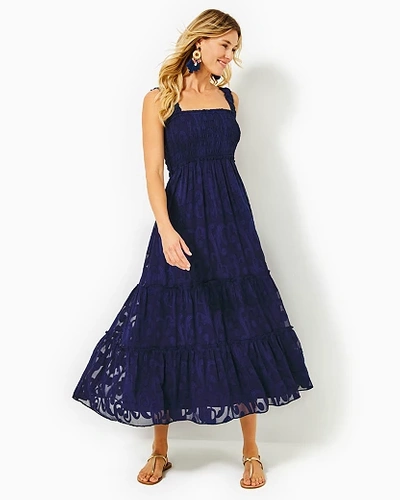 Shop Lilly Pulitzer Hadly Smocked Maxi Dress In True Navy Poly Crepe Swirl Clip