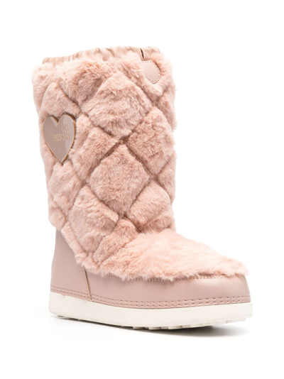Shop Love Moschino Logo-plaque Faux-fur Boots In Pink
