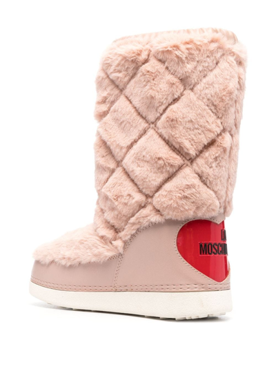 Shop Love Moschino Logo-plaque Faux-fur Boots In Pink