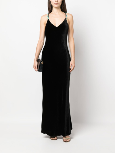 Shop Roberto Cavalli Bead-embellished V-neck Velvet Dress In Black