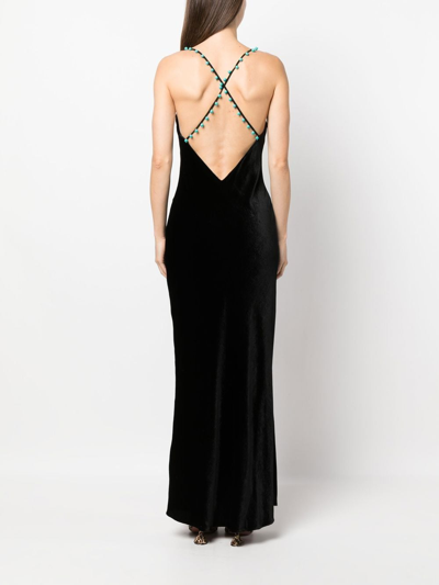 Roberto Cavalli Bead-embellished V-neck Velvet Dress In Black