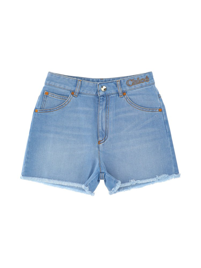 Shop Chloé Kids Logo Embroidered Fringed Denim Shorts In Blue