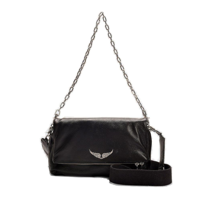 Shop Zadig & Voltaire Embellished Logo Foldover Shoulder Bag In Black