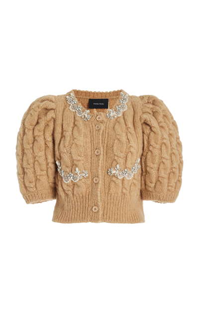 Shop Simone Rocha Puff-sleeve Embellished Cable-knit Wool-blend Cropped Cardigan In Brown