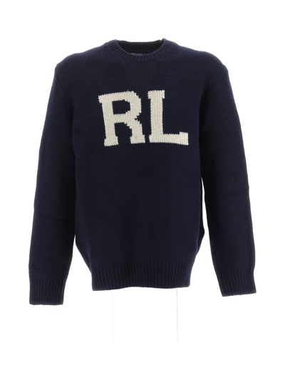 Shop Polo Ralph Lauren Logo Intarsia Knitted Jumper In Blue