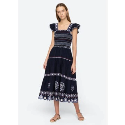 Shop Sea Nyc Sea Shaina Embroidered Smocked Dress In Blue